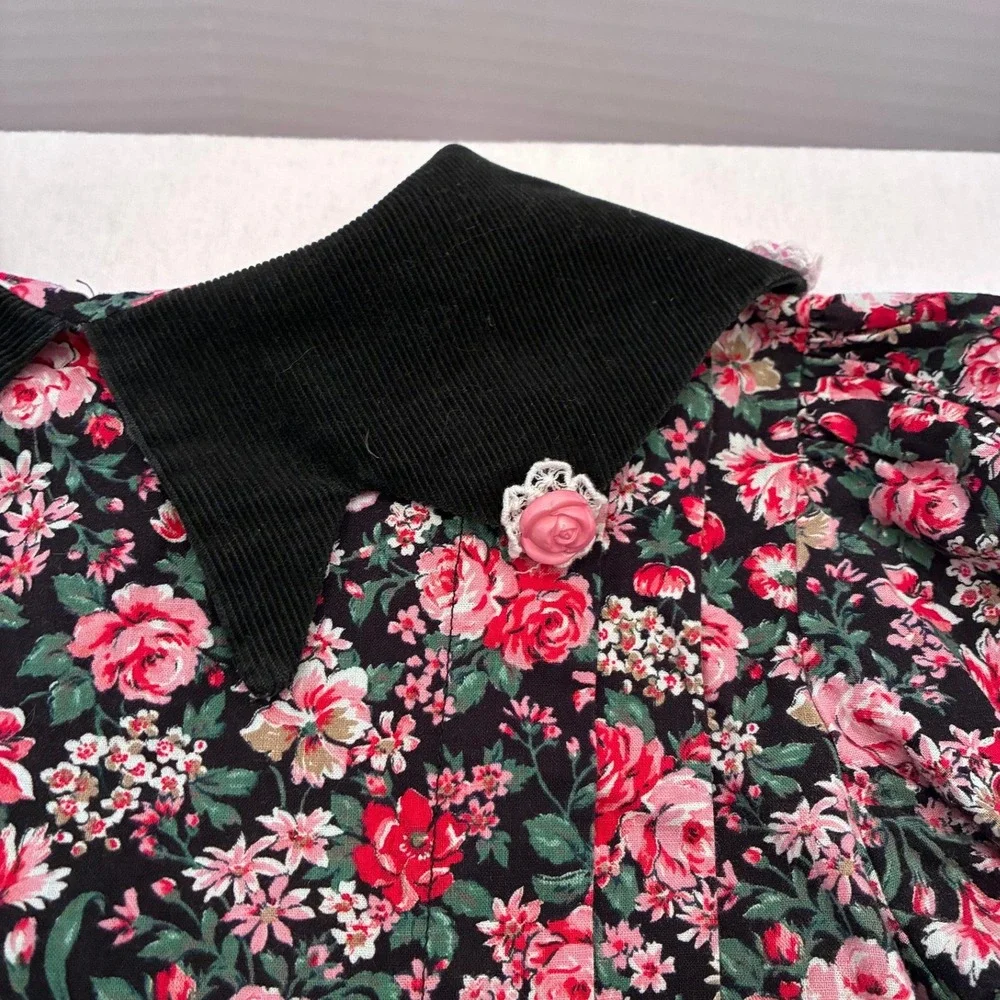 Vintage Chocolate Soup Girls Floral Dress Black Corduroy Collar Pink Roses USA